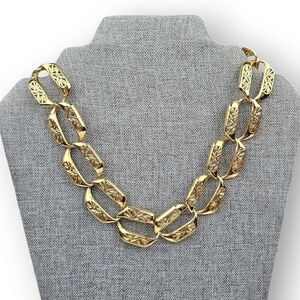 Vintage 80s Chain Necklace Floral Wide Hexagon Link Gold Plated Heavy 17.5" Long